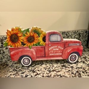 Fall harvest sign decor pick up truck sunflowers